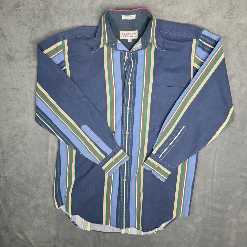 Varsity by Savile Row Mens Small Striped Button Down Shirt Long Sleeve Navy Blue
